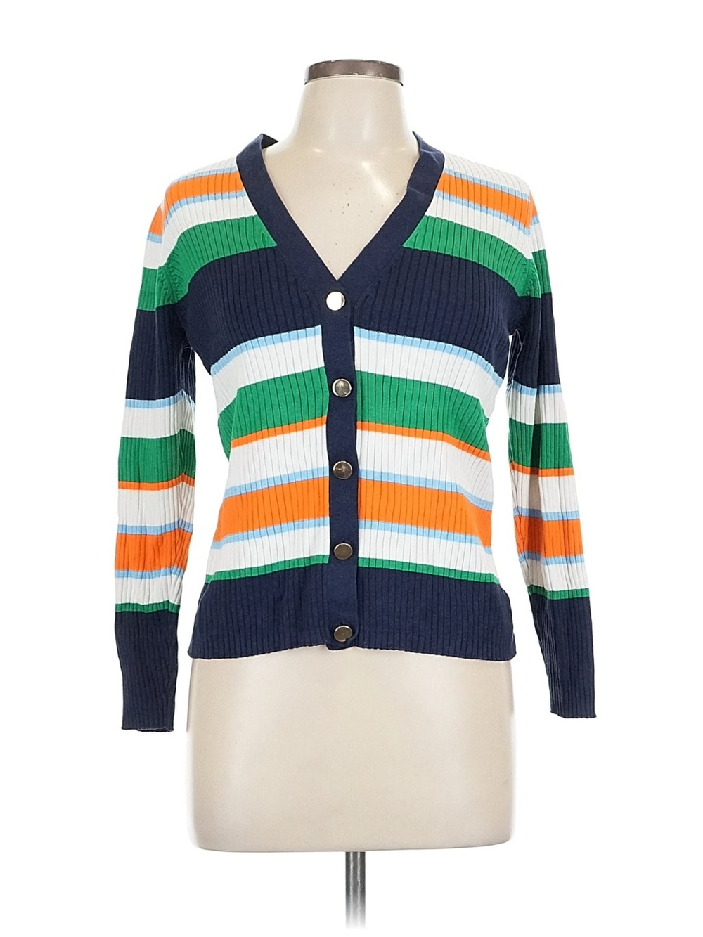 Charter Club Navy, Green, Orange & White Striped V-Neck Button Cardigan